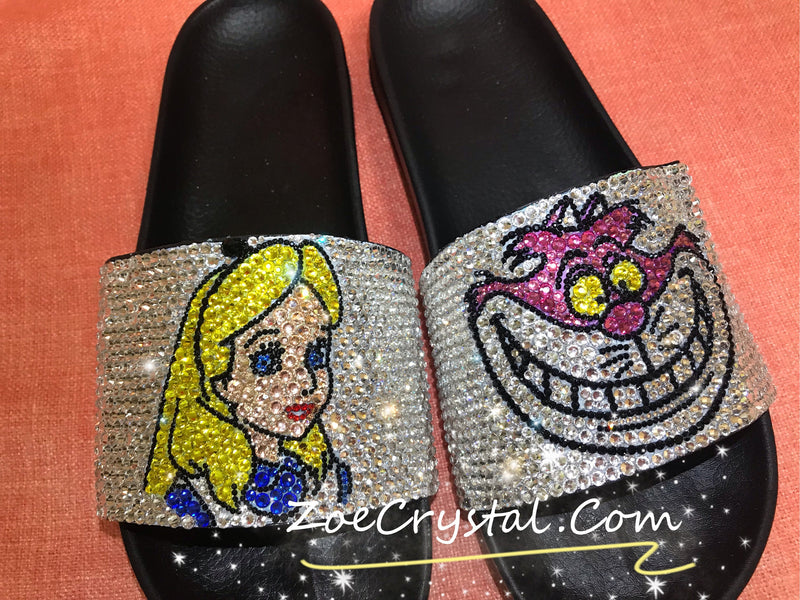 BLING & CUSTOMIZE SLIDES Sandals Slippers in Summer Beach, Wedding, Festival, Fashion - Alice in wonderland - Bedazzled Swarovski Rhinestone