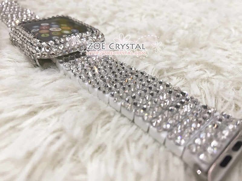 Apple Watch Bedazzled Bling Case Protector Cover w a Creamy Pearl Swarovski Shinny Sparkly Glowing Embelished Crystal Rhinestone Band Strap