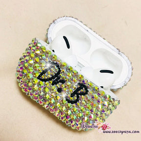 Bling and Bedazzled Airpod Charging Case / Cover / Holder in AB WHITE Crystal Rhinestones - Personalize it  by Adding Name or Words