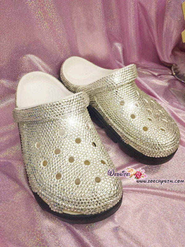 Bling & Bedazzled Clogs / Mules / Sandals fully covered with Clear White Crystal Rhinestone Superb Sparkly Glittery Shinny