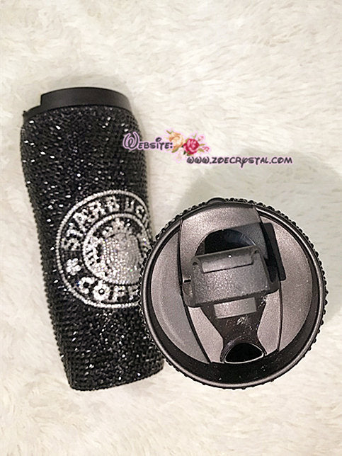 Bling Bedazzled STARBUCKS Coffee Bottle Thermos with Sparkly Shinny Glitery Crystal Rhinestone Diamond in White and Black