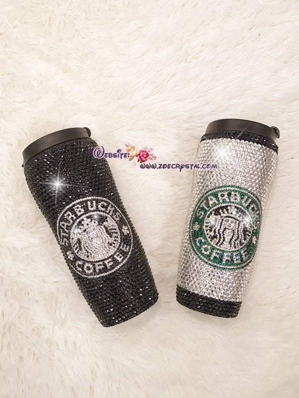 Bling Bedazzled STARBUCKS Coffee Bottle Thermos with Sparkly Shinny Glitery Crystal Rhinestone Diamond in White and Black