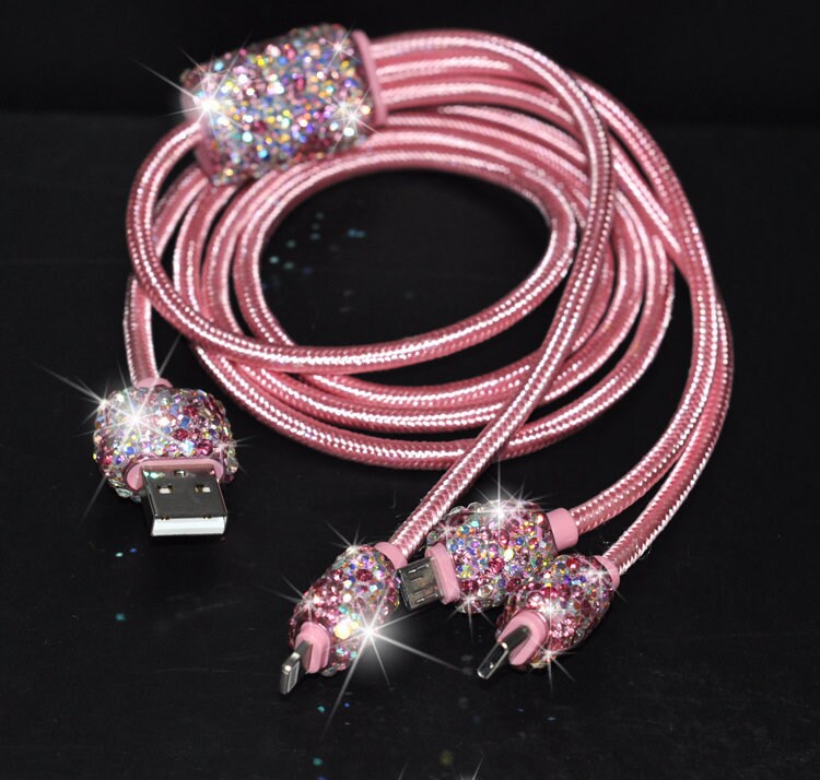Bling Bedazzled Pink Mobile Phone Charging Data Cable 3 in 1 Lightning, USB C, Micro USB to USB - Apple iPhone iPad & Android Cell Phone