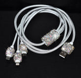 Bling Bedazzled Diamond Mobile Phone Data Charging Cable 3 in 1 Lightning, USB C, Micro USB to USB - Apple iPhone iPad & Android Cell Phone