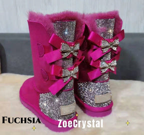 New**Super Bling and Sparkly middle high SheepSkin Wool BOOTS w shinning Czech crystals Bailey bow boots