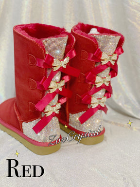 New**Super Bling and Sparkly middle high SheepSkin Winter Snow Wool BOOTS w shinning Czech crystals 3 Bailey bow boots