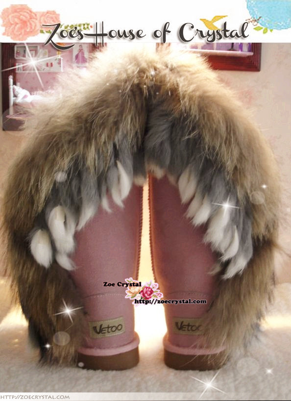 PROMOTION WINTER Bling and Sparkly Pink Tall Fur SheepSkin Wool BOOTS w shinning Czech or Swarovski Crystals and Pearls