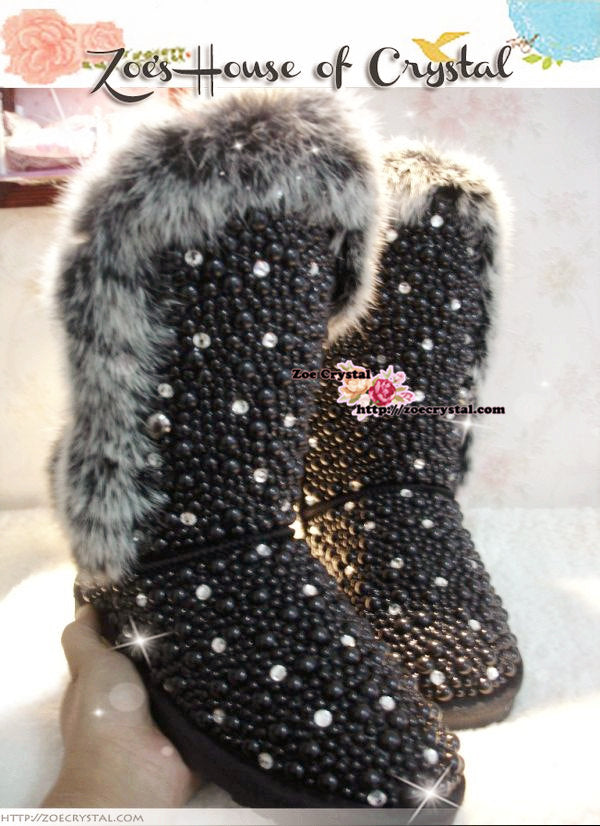 PROMOTION WINTER Bling and Sparkly Black Tall Fur SheepSkin Wool BOOTS w shinning Czech or Swarovski Crystals and Pearls