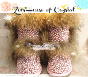 PROMOTION WINTER Bling and Sparkly Double Layers Fur SheepSkin Wool BOOTS w shinning Czech or Swarovski Crystals and Pearls