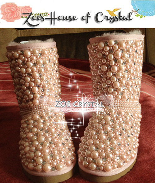 New Year Sales 20% off - Winter Promotion Bling and Sparkly Pink Pearls SheepSkin Wool BOOTS w shinning Czech or Swarovski Crystals