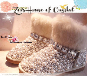 New Year Sales  Sales 20% off - Winter Promotion Bling and Sparkly White Rabbit Fur SheepSkin Wool BOOTS w shinning Crystals and Pearls