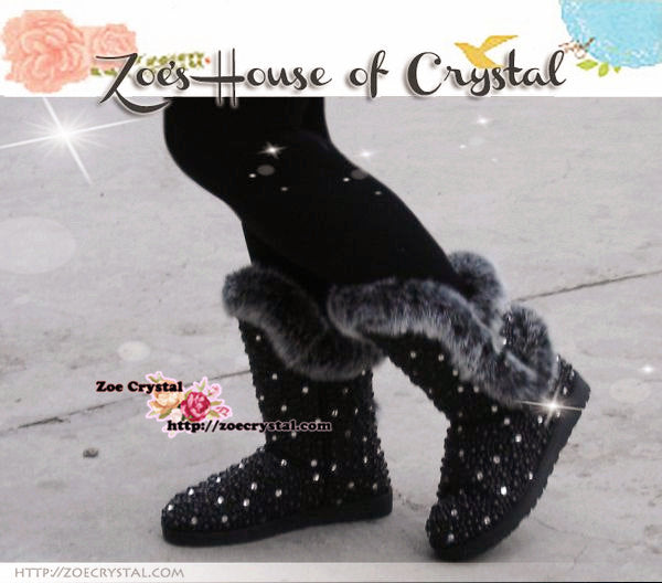 PROMOTION WINTER Bling and Sparkly Black Tall Fur SheepSkin Wool BOOTS w shinning Czech or Swarovski Crystals and Pearls