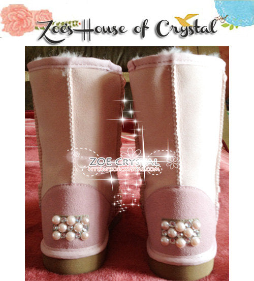 New Year Sales 20% off - Winter Promotion Bling and Sparkly Pink Pearls SheepSkin Wool BOOTS w shinning Czech or Swarovski Crystals