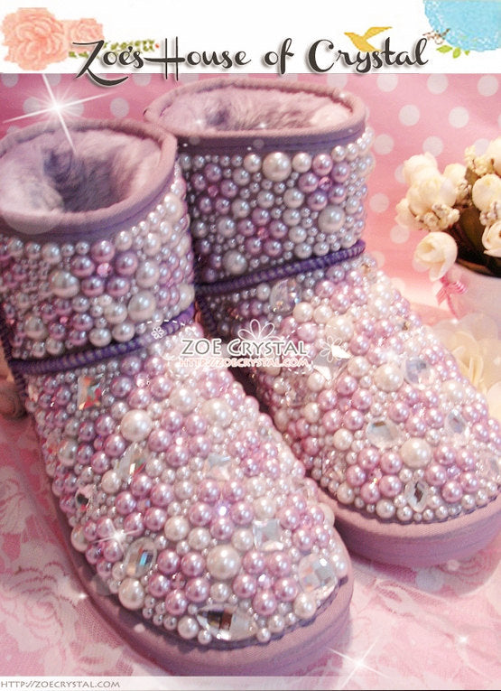 PROMOTION WINTER Bling and Sparkly Purple Pearl Short SheepSkin Wool BOOTS w shinning Czech or Swarovski crystals