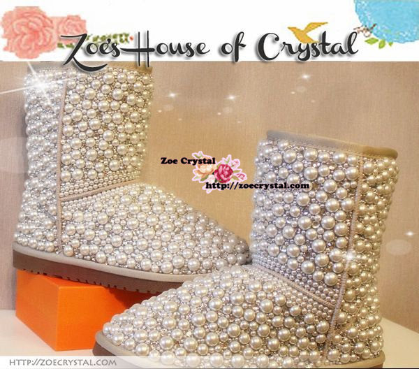 PROMOTION WINTER Bling and Sparkly Creamy White Pearls SheepSkin Wool BOOTS w shinning Czech or Swarovski crystals