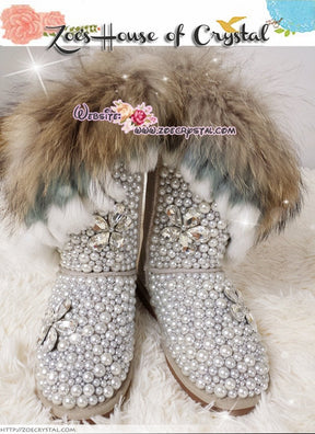 WINTER Tan Color  Fur Wool Boots w shinning CRYSTALS and PEARLS