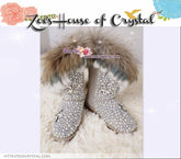 WINTER Tan Color  Fur Wool Boots w shinning CRYSTALS and PEARLS