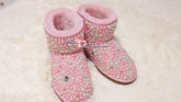 PROMOTION WINTER Bling and Sparkly Pink Pearl Short SheepSkin Wool BOOTS w shinning Czech or Swarovski crystals