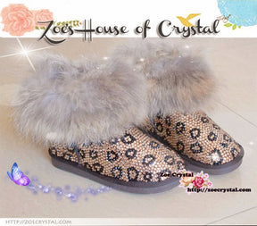PROMOTION WINTER Bling and Sparkly Leopard Strass Rabbit Fur SheepSkin Wool BOOTS w shinning Czech or Swarovski Crystals