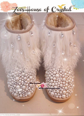 PROMOTION: WINTER Bling and Sparkly White Curly Fur SheepSkin Wool Boots w Pearls and Big STONES