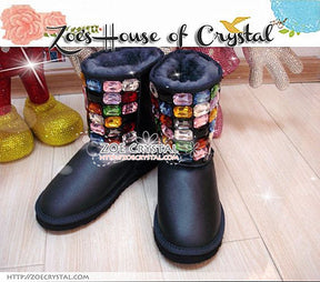 PROMOTION: WINTER Bling and Sparkly Black SheepSkin Wool Boots embroided with Colorful Czech / Swarovski Rhinestones
