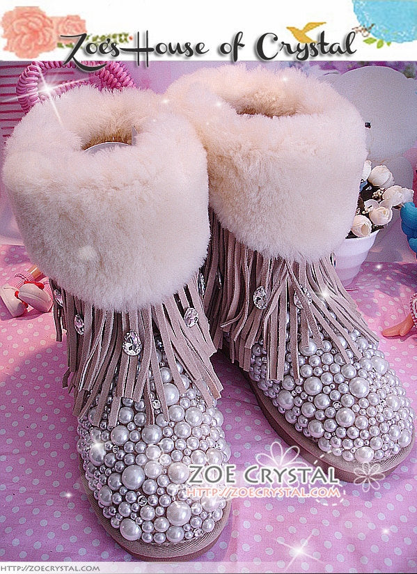 PROMOTION: WINTER Bling and Sparkly Cuff SheepSkin Wool Boots w Pearls and Crystals