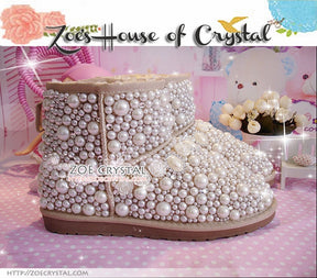 Winter Promotion Bling and Sparkly Elegant White SheepSkin Wool Boots w Pearls and Crystals