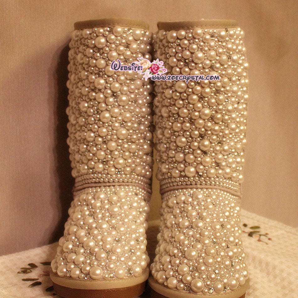 New Year Sales  Sales 20% off  - Winter Promotion Bling and Sparkly Sand SheepSkin Wool BOOTS w Creamy White Pearls