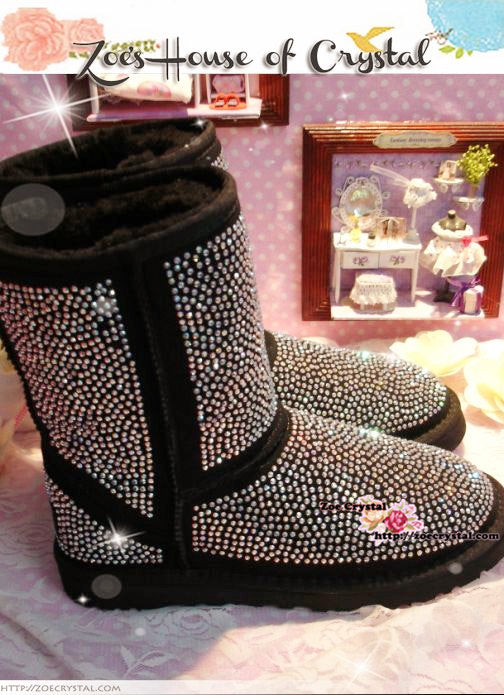 PROMOTION WINTER Bling and Sparkly Strass Black SheepSkin Wool BOOTS w shinning Crystals