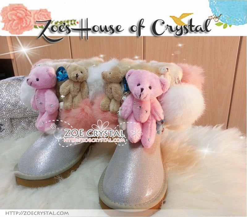 PROMOTION WINTER Bling and Sparkly Short White Metallic SheepSkin Wool BOOTS w Cute Bear Bear