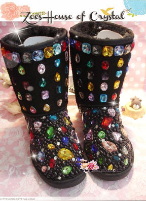 PROMOTION: WINTER Bling and Sparkly Black SheepSkin Wool Boots w Black Pearls embroided with Colorful Czech / Swarovski Rhinestones