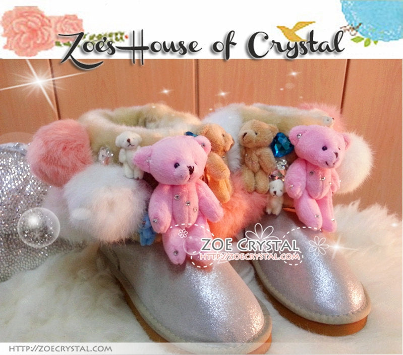 PROMOTION WINTER Bling and Sparkly Short White Metallic SheepSkin Wool BOOTS w Cute Bear Bear
