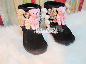 PROMOTION WINTER Bling and Sparkly Black SheepSkin Wool BOOTS w Cute Bear Bear and Big Stones