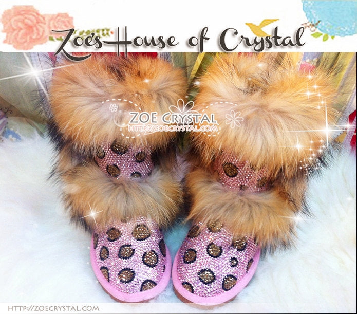 PROMOTION WINTER Bling and Sparkly Double Layers Fur SheepSkin Wool BOOTS w Pink Leopard Print made of Czech or Swarovski Crystals