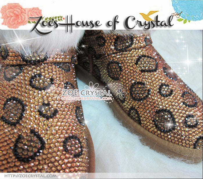 PROMOTION WINTER Bling and Sparkly Leopard Strass SheepSkin Cuff Wool BOOTS w shinning Czech or Swarovski crystal