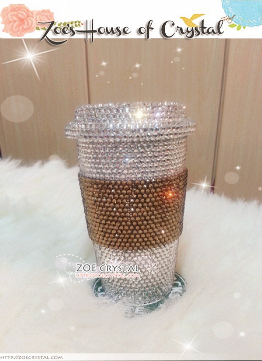 Stylish BLING Crystallized STARBUCKS Ceramic Cups with Brown Cozy