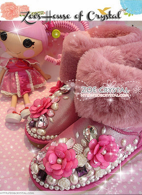 PROMOTION: WINTER Bling and Sparkly Leather SheepSkin Wool Boots w Flowers and Pearls
