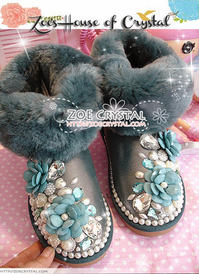 PROMOTION: WINTER Bling and Sparkly Leather SheepSkin Wool Boots w Flowers and Pearls
