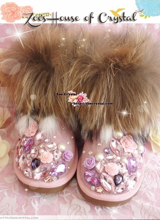 PROMOTION WINTER Pink Sheepskin Fleech/Wool Boots with shinning and stylish Rhinestones / Big Stones