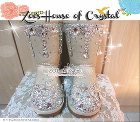 PROMOTION WINTER Beige Leather Sheepskin Fleech/Wool Boots with shinning and stylish CRYSTALS