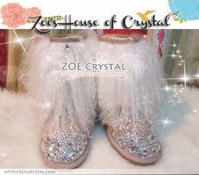 PROMOTION: WINTER Bling and Sparkly White Curly Fur SheepSkin Wool Boots w Crystals and Big STONES