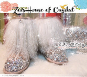 PROMOTION: WINTER Bling and Sparkly White Curly Fur SheepSkin Wool Boots w Crystals and Big STONES