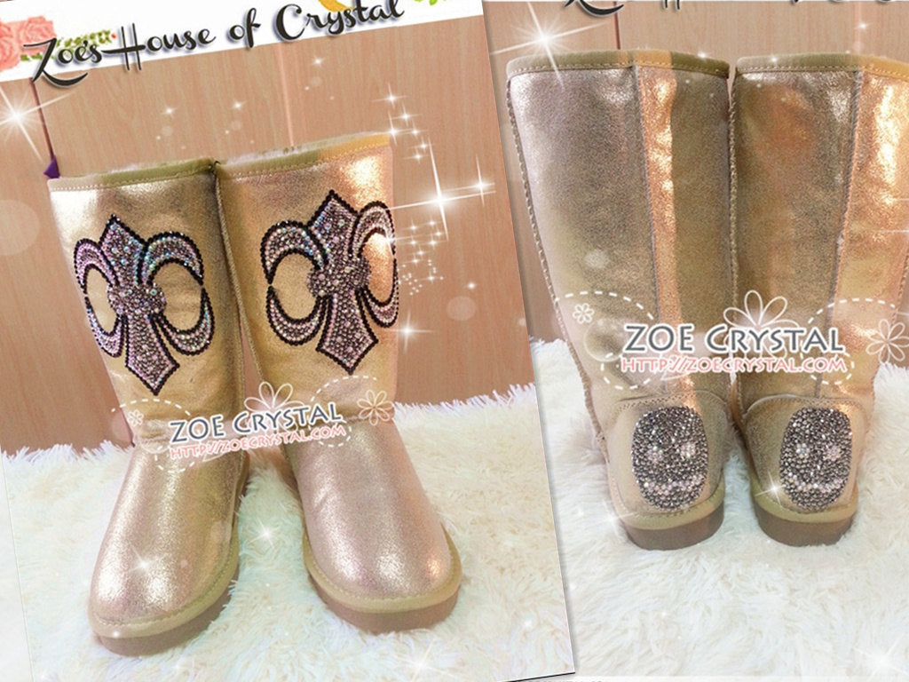 PROMOTION WINTER Golden Metallic Sheepskin Fleech/Wool Boots with Cross made with Swarovski / Czech elements