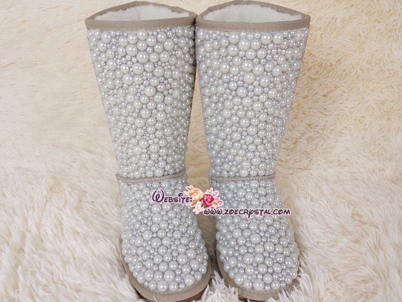 PROMOTION WINTER Bling and Sparkly Tall Creamy White Pearls SheepSkin Wool BOOTS w shinning Czech or Swarovski crystals