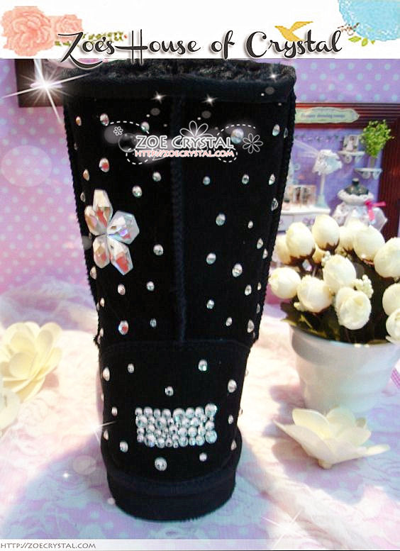 PROMOTION WINTER Black Sheepskin Fleech/Wool Boots with Flowers made with Swarovski / Czech elements