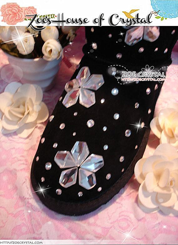 PROMOTION WINTER Black Sheepskin Fleech/Wool Boots with Flowers made with Swarovski / Czech elements