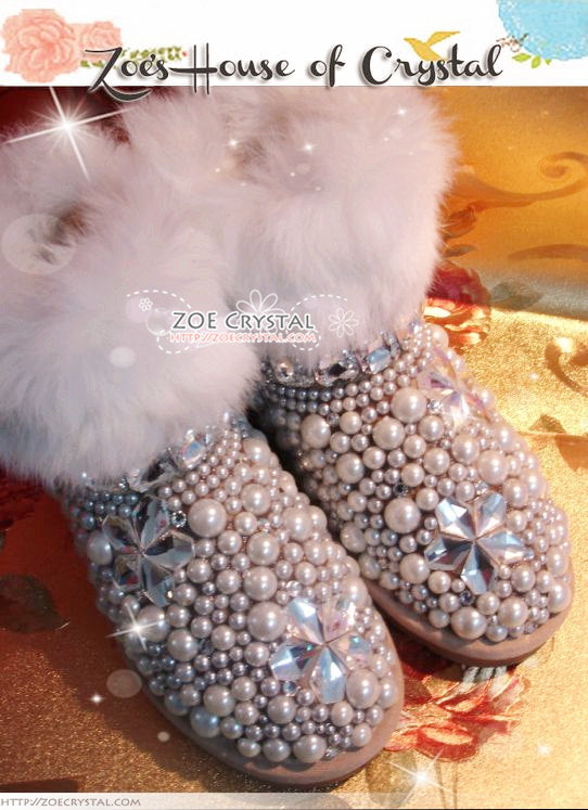 PROMOTION WINTER Bling and Sparkly White Rabbit Fur SheepSkin Winter BOOTS w shinning Czech or Swarovski Crystals and Pearls