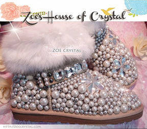 PROMOTION WINTER Bling and Sparkly White Rabbit Fur SheepSkin Winter BOOTS w shinning Czech or Swarovski Crystals and Pearls