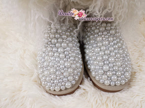 PROMOTION: WINTER Bling and Sparkly Tall White Curly Fur SheepSkin Wool Boots w Pearls and Crystals