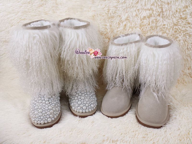 PROMOTION: WINTER Bling and Sparkly Tall White Curly Fur SheepSkin Wool Boots w Pearls and Crystals